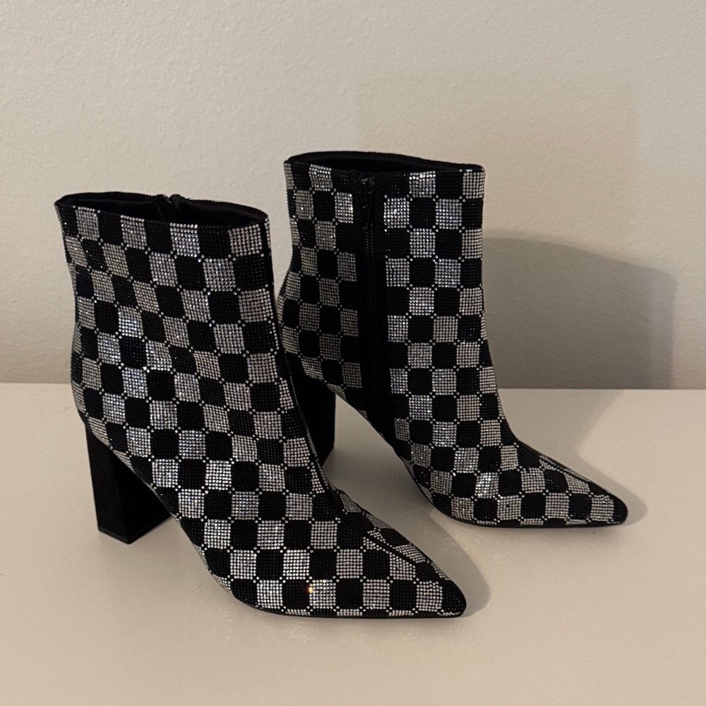 Wild Pair Black and Silver Rhinestone Checkered Ankle Boots